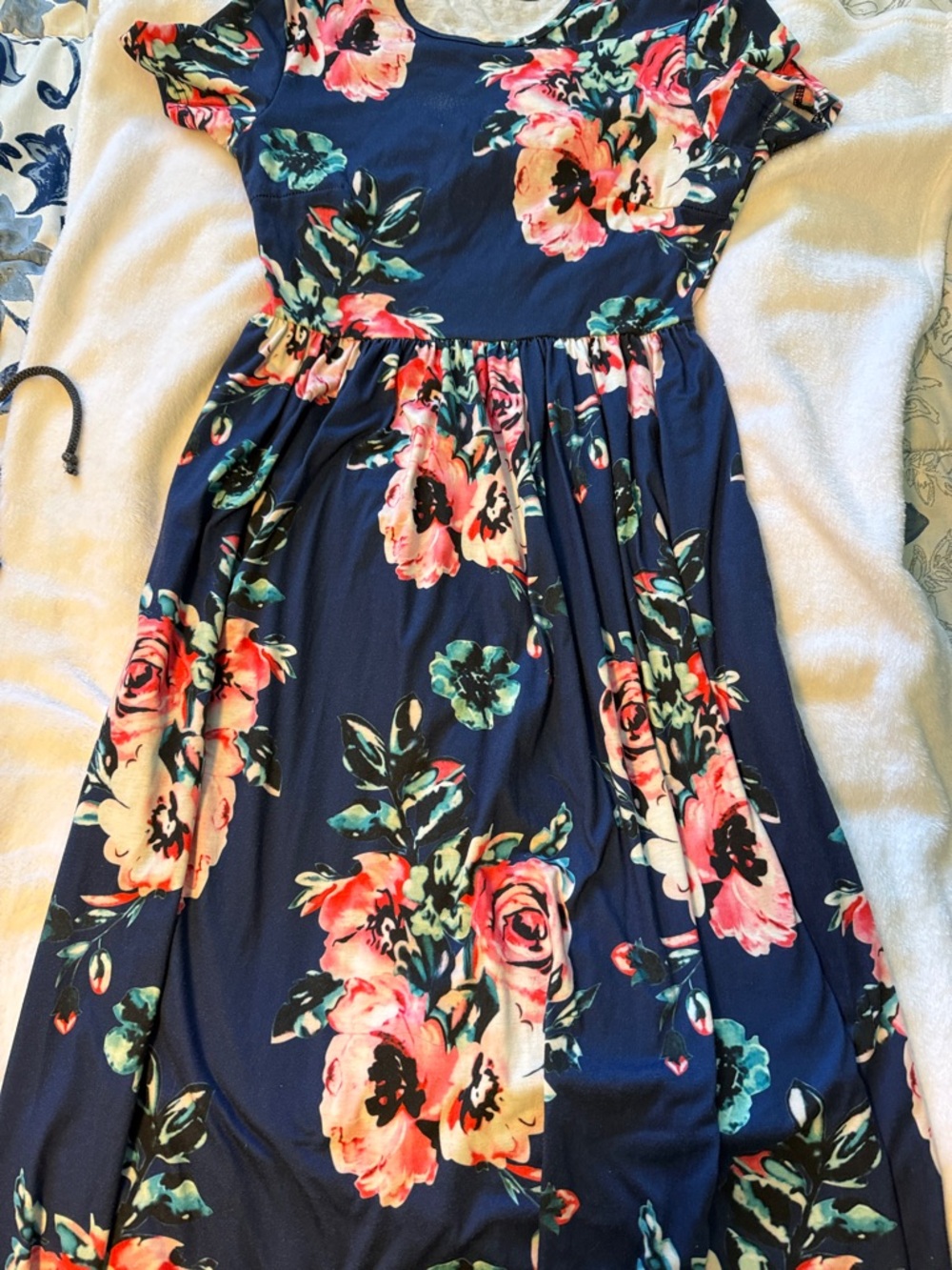 Navy Floral Midi Dress with Pink & Coral Blooms